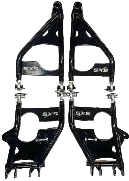 A pair of black metal suspension sway bars with silver hardware and 'SXS' branding, laid flat on a light-colored surface.