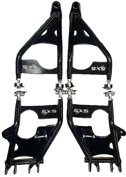 A pair of black metal suspension sway bars with silver hardware and 'SXS' branding, laid flat on a light-colored surface.